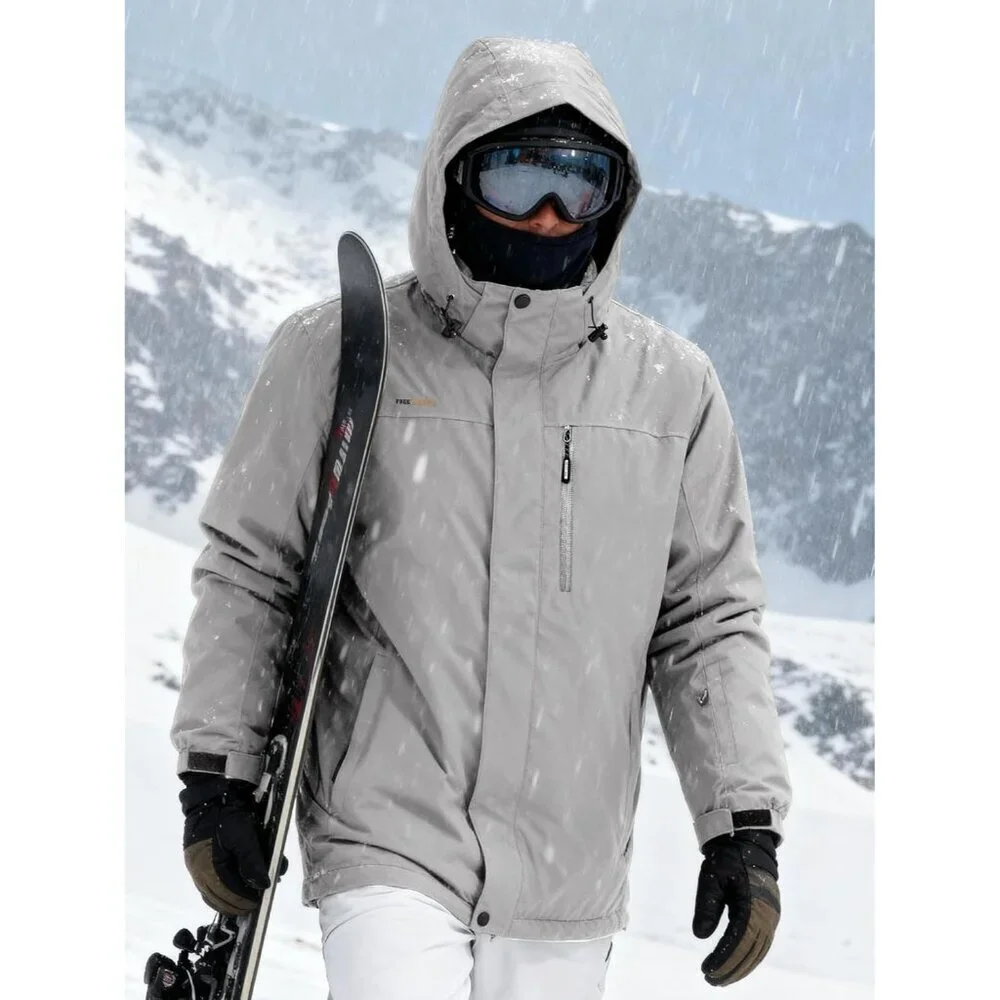 Men's Light Gray Waterproof Ski Snow Fleece Lined Warm Winter Rain Jacket